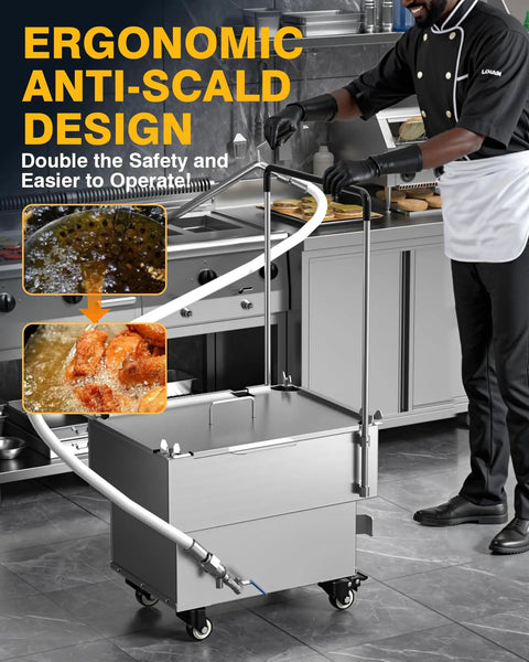 PYY Commercial Fryer Oil Filter Machine 18L Tank with ergonomic design and anti-scald features for safe operation.
