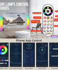 Two Pack RGB Floor Lamps With Music Sync App Control highlighted features, remote control, and app interface in a living room setup.