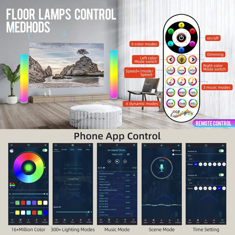 Two Pack RGB Floor Lamps With Music Sync App Control highlighted features, remote control, and app interface in a living room setup.