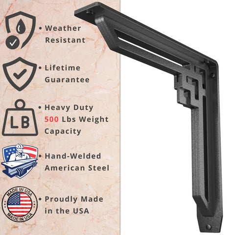 Heavy Duty Shelf Brackets 2 Pack, Tough As Nails Designer Metal Corbels For Mantels, Countertops And Decorative Shelving, 12 X 12 X 2 Inches, Black Wrought Iron Finish, Handles Over 500 Lb Per Pair, Built From American Steel, weather resistant, lifetime guarantee, made in USA