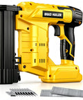 Zero Sweat 2 In 1 Cordless Brad Nailer Compatible With 20V Lithium Ion Batteries features yellow body with staples and brad nails.