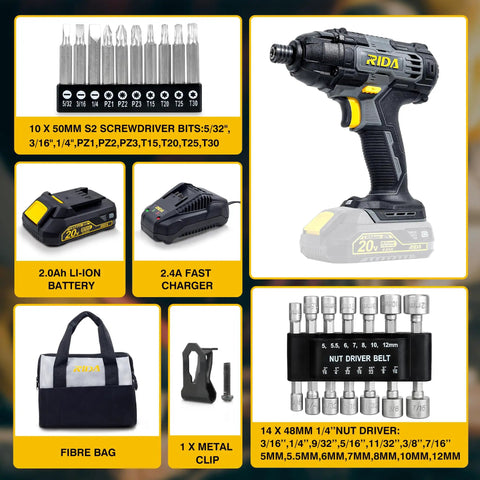 Cordless Impact Driver Kit With 180Nm Torque 20V Power 0 To 2800 RPM Variable Speed One Quarter Inch All Metal Hex Chuck