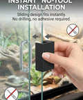 Rock Solid Sliding Door Lock For Reptile Enclosures With Foolproof Escape Latch installed on glass tank, showing no-tool installation.