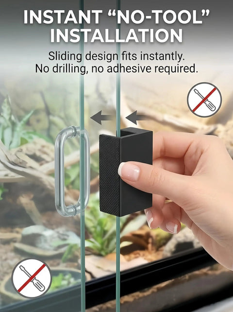Rock Solid Sliding Door Lock For Reptile Enclosures With Foolproof Escape Latch installed on glass tank, showing no-tool installation.