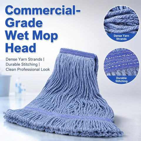 2 Pack Heavy Duty Mop Head Replacement For Commercial Cleaning features blue cotton loop mop head with dense yarn strands and durable stitching.