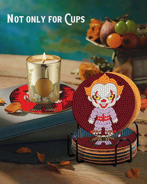 8Pcs Diamond Painting Coasters With Holder For Diy Halloween themed coasters featuring clown design in holder with candle