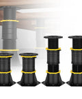 Heavy Duty Adjustable Bed Support Legs Gonna Stay Put All Night Long Zero Wobble Build Stops That Annoying Squeak Custom Height Adjusts 8.5 To 13 Inches Easy Assembly 4 Pack set of four black plastic legs with yellow accents.