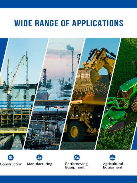Collage showing construction, manufacturing, earthmoving, and agricultural equipment under the heading 'Wide Range of Applications'.