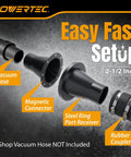 Powertec 4 Inch To 2-1/2 Inch Magnetic Dust Collection Connector With Eight Rare Earth Magnets For Shop Vacuums And Machinery Quick Connect Hose Fitting, showing vacuum hose and magnetic connector.