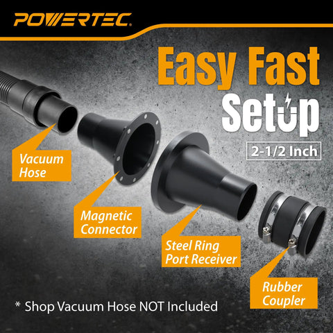Powertec 4 Inch To 2-1/2 Inch Magnetic Dust Collection Connector With Eight Rare Earth Magnets For Shop Vacuums And Machinery Quick Connect Hose Fitting, showing vacuum hose and magnetic connector.