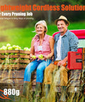 Couple sitting on truck with apples showcasing Cordless Battery Powered Pruning Shear With Dual 2Ah Batteries Electric Pruner 16.8V