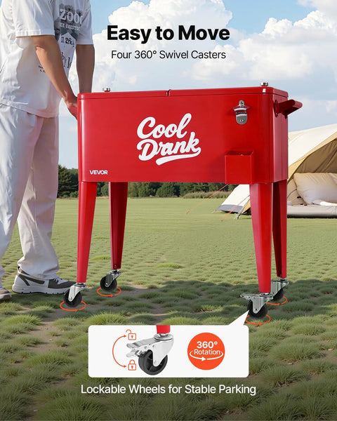 80 Quart Rolling Ice Chest With Divider And Bottle Opener Keeps 110 Cans Or 50 Bottles Cold On The Go Party Ready Portable Patio Beverage Cooler Cart With Four Swivel Casters Two Brakes Red