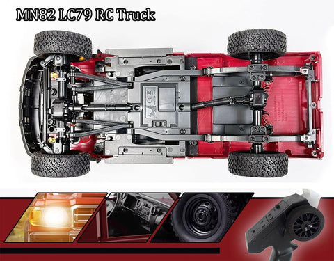 Underside view of RC Beast Rock Crawler Truck 4x4 Toyota LC79 One Twelfth Scale Off Road Pickup with detailed suspension system.
