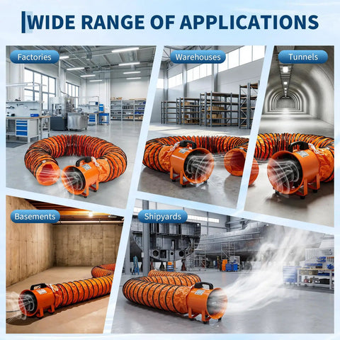 Powerful 8 Inch Air Mover Blower Fan With 1100 CFM Low Noise Portable Industrial Exhaust Fan And Sixteen Point Four Ft Flexible Duct used in various industrial settings.