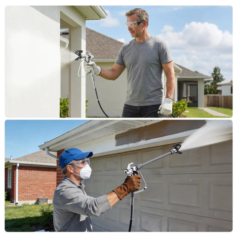 Two images showing use of 700W Airless Paint Sprayer Delivers 2900 PSI Of Raw Power For Effortless Home Makeovers.
