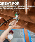 Person using High Efficiency Airless 413 Reversible Spray Tip For Sealers And Stains on wooden fence, ControlMax sprayer visible