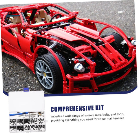 Must-Have RC Car Screw And Bolt Kit For Quick Repairs And Routine Maintenance With Wrench Included, displayed with red RC car