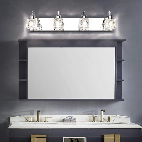 Crystal 4 Light Bathroom Vanity Fixture Chrome Finish LED Wall Mount Over Mirror Lighting That Pops Modern Bath Glow