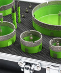 Built Tough Diamond Tile Hole Saw Kit 16 Piece Core Drill Set for Concrete Masonry showing green diamond-coated cutters.