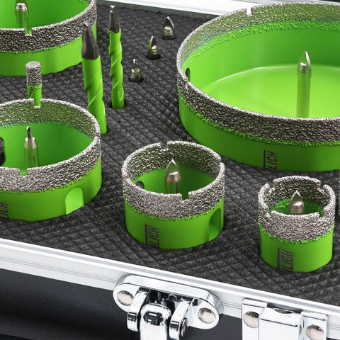 Built Tough Diamond Tile Hole Saw Kit 16 Piece Core Drill Set for Concrete Masonry showing green diamond-coated cutters.