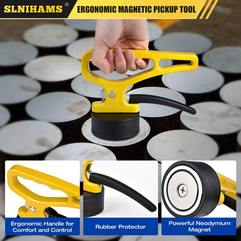 Magnetic Pickup Tool With Quick Release on metal sheets, ergonomic handle, neodymium magnet, heavy duty lifting