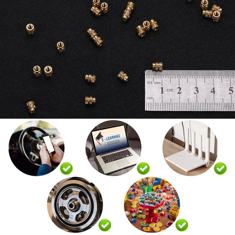 100 Pcs M3 Heat Set Threaded Inserts For 3D Printing Brass Knurled Twill Nuts, ruler for size reference, multiple use cases