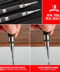 Two heavy-duty automatic center punches with knurled caps and hardened steel tips in a hard-shell carrying case.