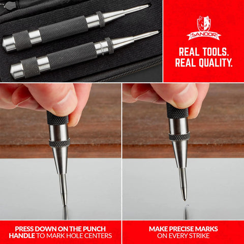 Two heavy-duty automatic center punches with knurled caps and hardened steel tips in a hard-shell carrying case.