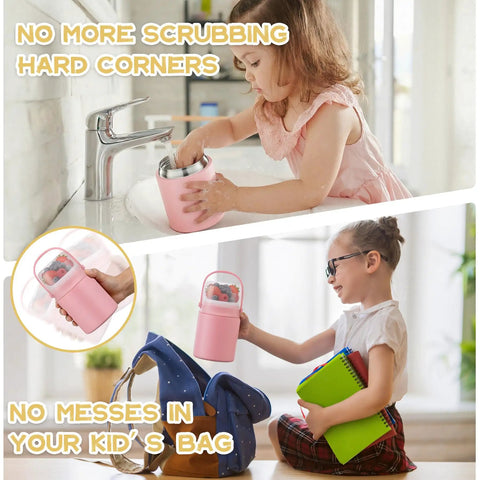 20oz Leak Proof Insulated Lunch Bowl With Wide Mouth Stainless Steel Thermos Jar Keeps Soups And Meals Hella Warm All Day Long Smooth Grab And Go Meal Prep Container For Kids And Adults Pink being cleaned by a child.