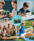 Bluetooth Speaker Kit With LED Light For Kids And Teens Build Your Own Portable Speaker In Green Transparent Acrylic Case Fun Hands On STEM Project For Girls And Boys Ages 8 Through 16 displayed in family and outdoor settings.