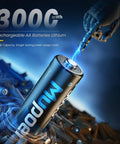 Heavy Duty Rechargeable Aa Lithium Batteries 8 Pack 1.5V 3000Mwh With Fast Charger And Storage Case 2500 Cycle Life Built Tough For Controllers Blink Cameras And Vrs Ready To Roll, showcasing a 3000mWh lithium AA battery with electric sparks.