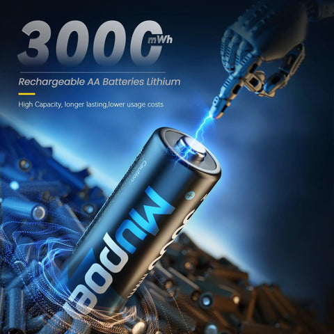 Heavy Duty Rechargeable Aa Lithium Batteries 8 Pack 1.5V 3000Mwh With Fast Charger And Storage Case 2500 Cycle Life Built Tough For Controllers Blink Cameras And Vrs Ready To Roll, showcasing a 3000mWh lithium AA battery with electric sparks.