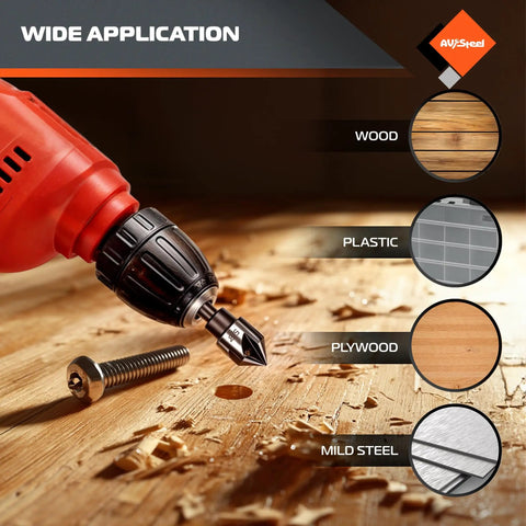 Five Flute Countersink Drill Bit Set Pro Grade With HSS 4241 Steel 82 Degree Counter Sink Bits drilling into wood surface