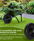 Two Pontuss 16-inch flat-free wheelbarrow wheels with solid tires; universal fit for wheelbarrows/garden trailers.