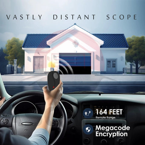 Person using Two Pack Replacement Garage Door Opener Remote For ACT-31B Megacode from car, showing 164 feet range