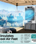 Heavy Duty Portable Evaporative Air Cooler With 12000 CFM Hella Badass Cooling For Large Indoor Outdoor Spaces Sweet Chill With 12 Hour Timer Smart App Remote Control near spectators at a sports event.