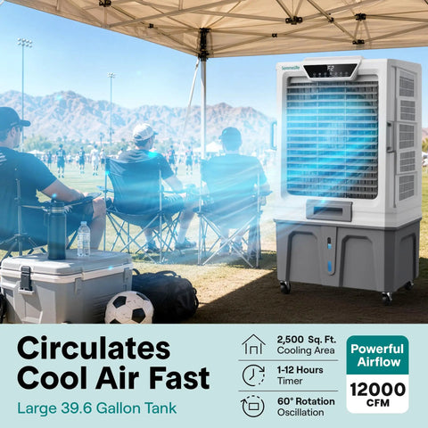 Heavy Duty Portable Evaporative Air Cooler With 12000 CFM Hella Badass Cooling For Large Indoor Outdoor Spaces Sweet Chill With 12 Hour Timer Smart App Remote Control near spectators at a sports event.