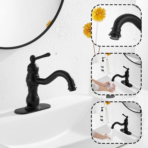 Matte Black Bathroom Faucet With 360 Degree Swivel, No Fuss Single Handle Vanity Sink Tap For 1 Or 3 Hole Install in use