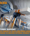 Universal 2x4 Support Bracket Four Pack Top Shelf Jig on workstand ensuring stability while cutting wood.