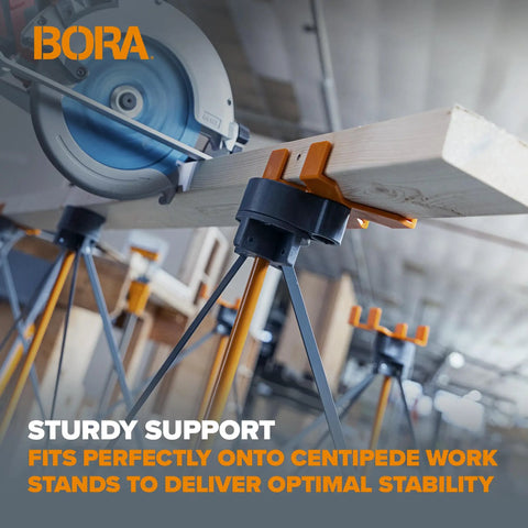 Universal 2x4 Support Bracket Four Pack Top Shelf Jig on workstand ensuring stability while cutting wood.
