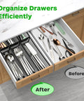 Slick Six Pack Silverware And Utensil Drawer Organizer With Non Slip Feet, Interlocking Kitchen Flatware Holder For Cutlery Spoons Pens, Heavy Duty Trays Keep Your Drawers Looking Fresh And Tight in a newly organized kitchen drawer.