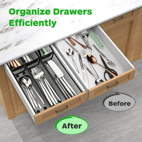 Slick Six Pack Silverware And Utensil Drawer Organizer With Non Slip Feet, Interlocking Kitchen Flatware Holder For Cutlery Spoons Pens, Heavy Duty Trays Keep Your Drawers Looking Fresh And Tight in a newly organized kitchen drawer.