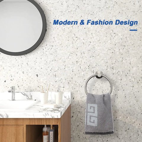 2 Pack Brushed Nickel Bathroom Towel Ring Set, Rustproof 304 Stainless Steel Wall Mounted Round Towel Hanger, in use