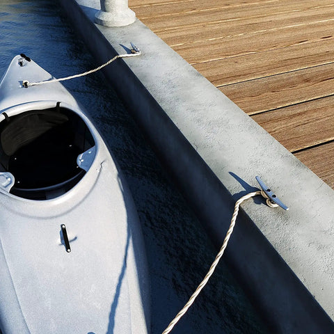 Top Shelf 8 Inch Galvanized Cast Iron Boat Dock Cleat Rigged Up For Heavy Duty Marine Tie Downs with kayak docked.
