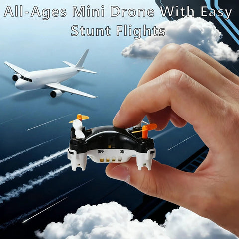 Hand holding All Ages Mini Drone For Easy Stunt Flights With 360 Degree Tricks in front of plane and clouds
