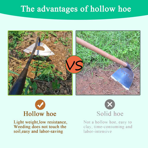 Comparison of all steel hardened hollow garden hoe and solid hoe for weeding and edging.