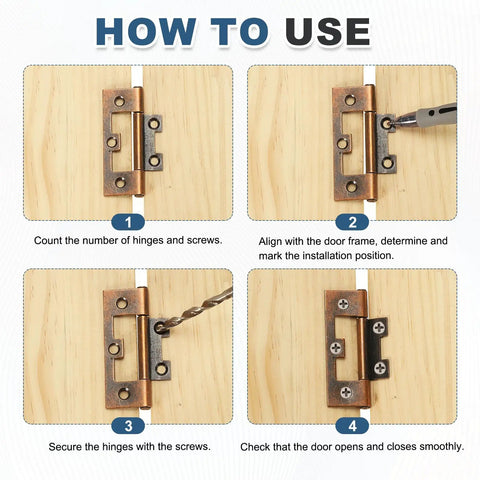 Instructions for installing Six Piece Surface Mount Butterfly Hinges Hella Sturdy Solid Iron Build Killer Bronze Vibe on wooden doors.