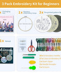 Three Piece Beginner Embroidery Kit For Adults With Floral Designs Including Embroidery Hoop Colorful Threads Tools And Easy Step By Step Instructions Plus Video Tutorial; kit contents displayed including hoop and threads.