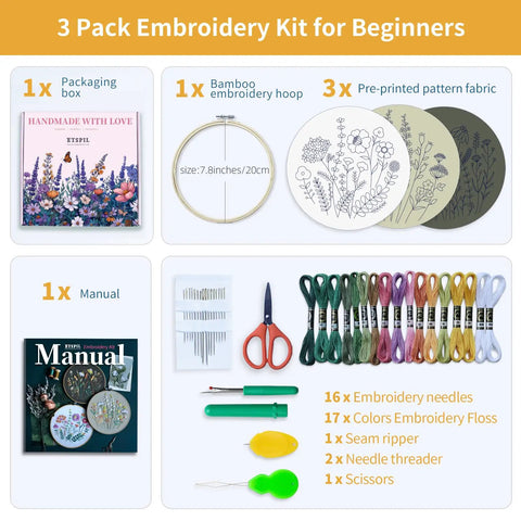 Three Piece Beginner Embroidery Kit For Adults With Floral Designs Including Embroidery Hoop Colorful Threads Tools And Easy Step By Step Instructions Plus Video Tutorial; kit contents displayed including hoop and threads.