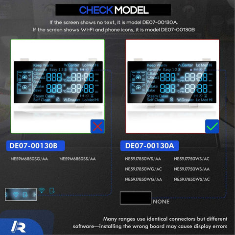 Premium LED Display Board Replacement For Samsung Electric Range Ovens And Stoves, Fits NE59J7850WS, NE59J7850WG, NE59J7750WS Models shown in check model comparison.